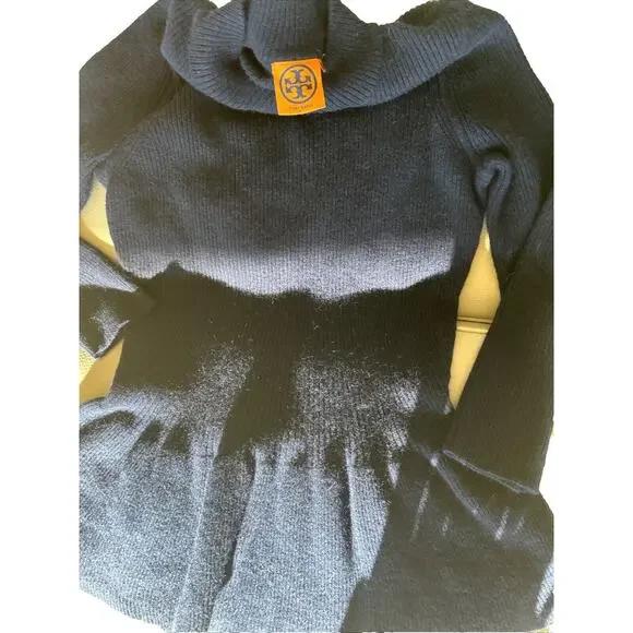 Tory Burch Madeline Med Wool Long Sleeve Rib Peplum Sweater Navy Blue Angora EUC - Picture 3 of 11